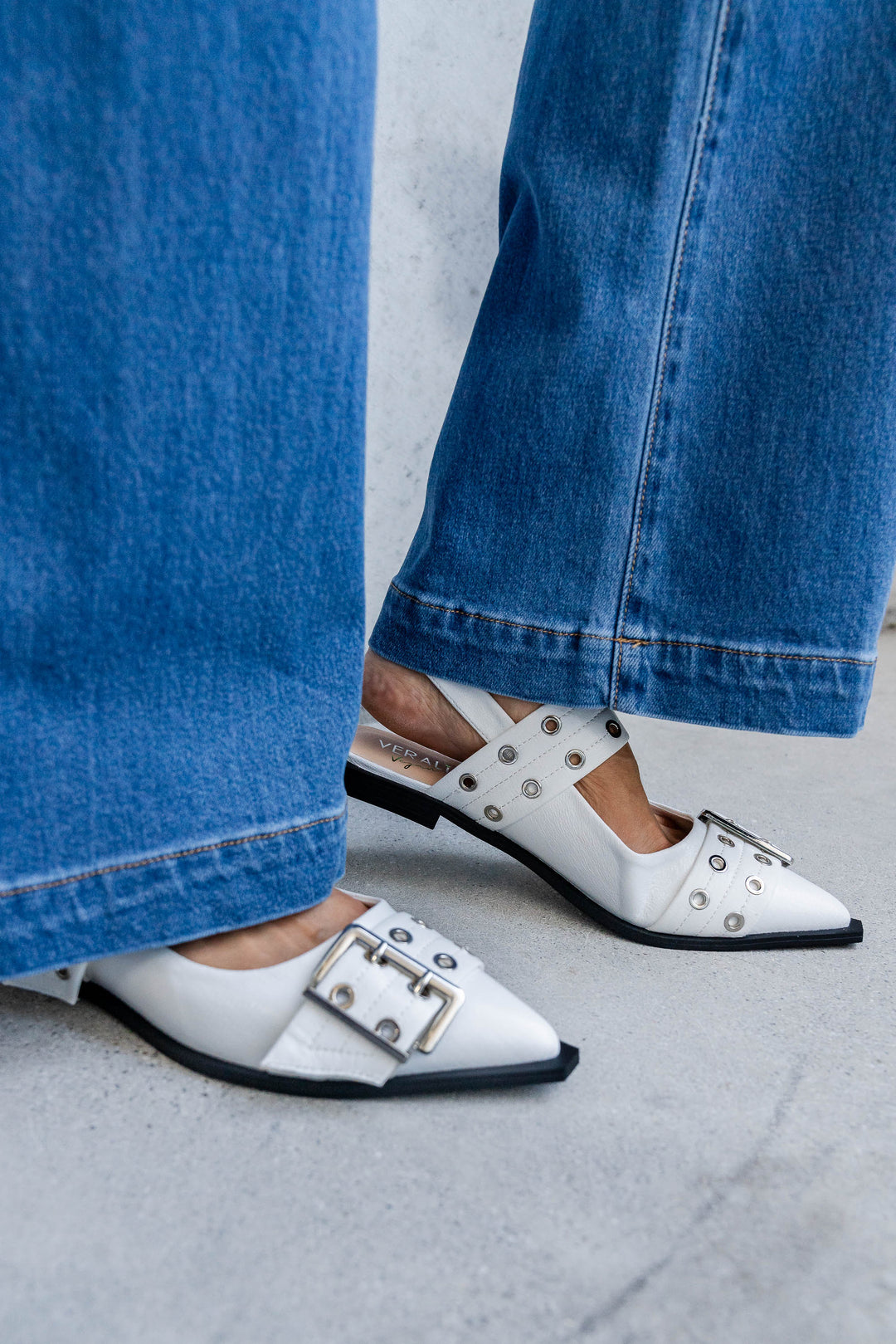 Clea Slingback Buckle Flats - White