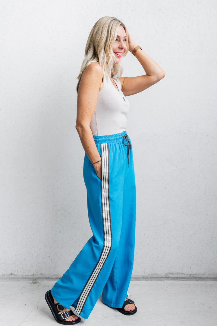 Linen Side Stripe Pants - Blue