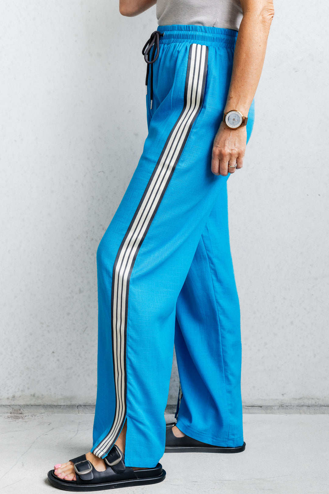 Linen Side Stripe Pants - Blue