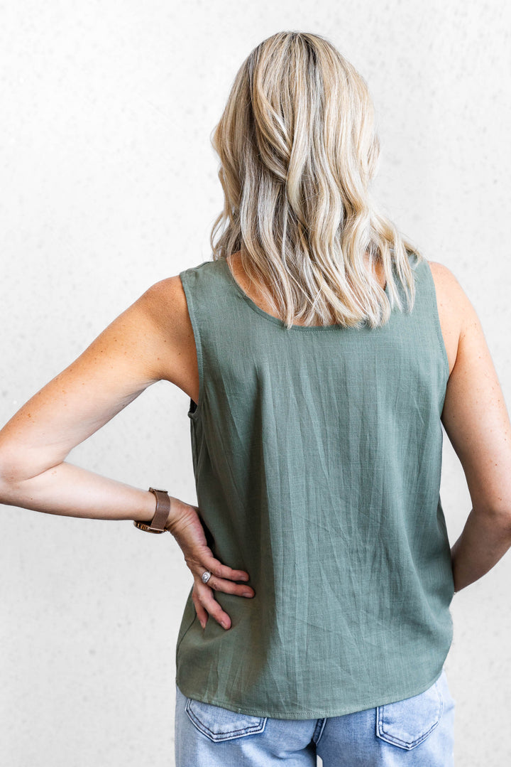 Button Back Tank - Khaki