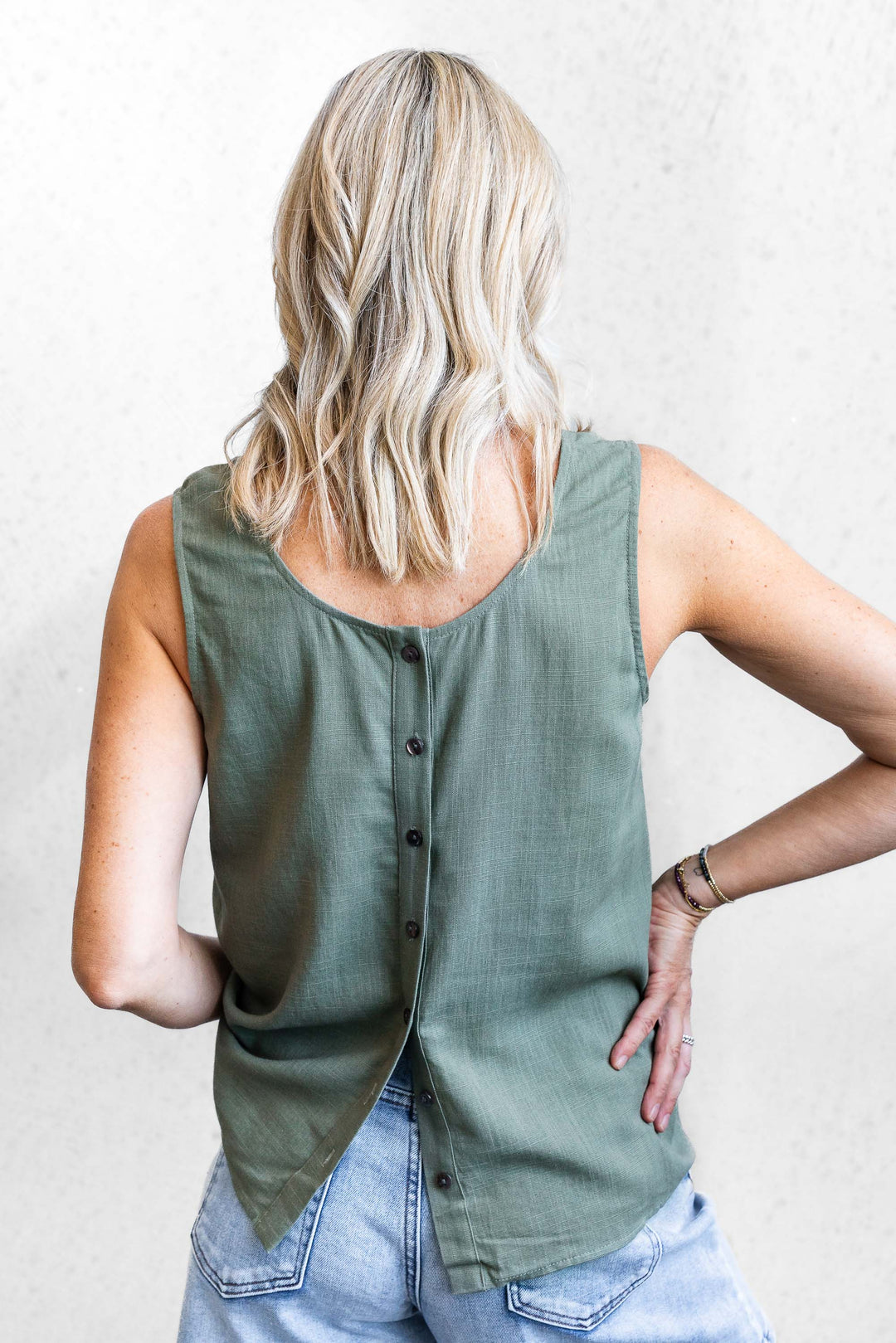 Button Back Tank - Khaki