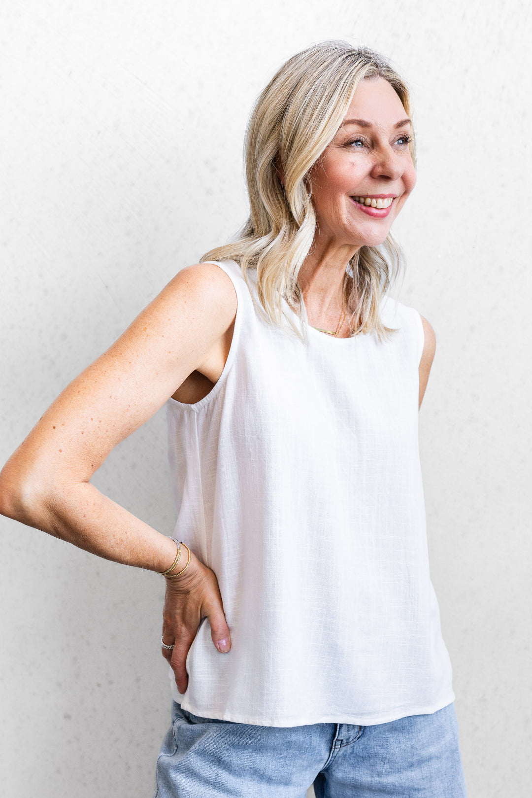 Button Back Tank - White