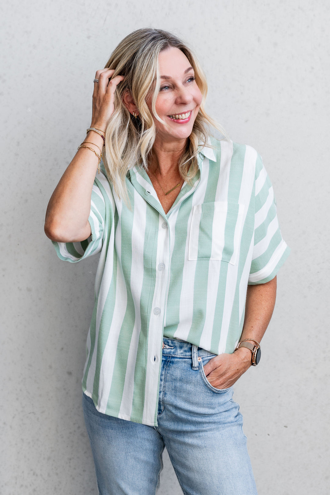 Stevie Shirt - Sage Stripe